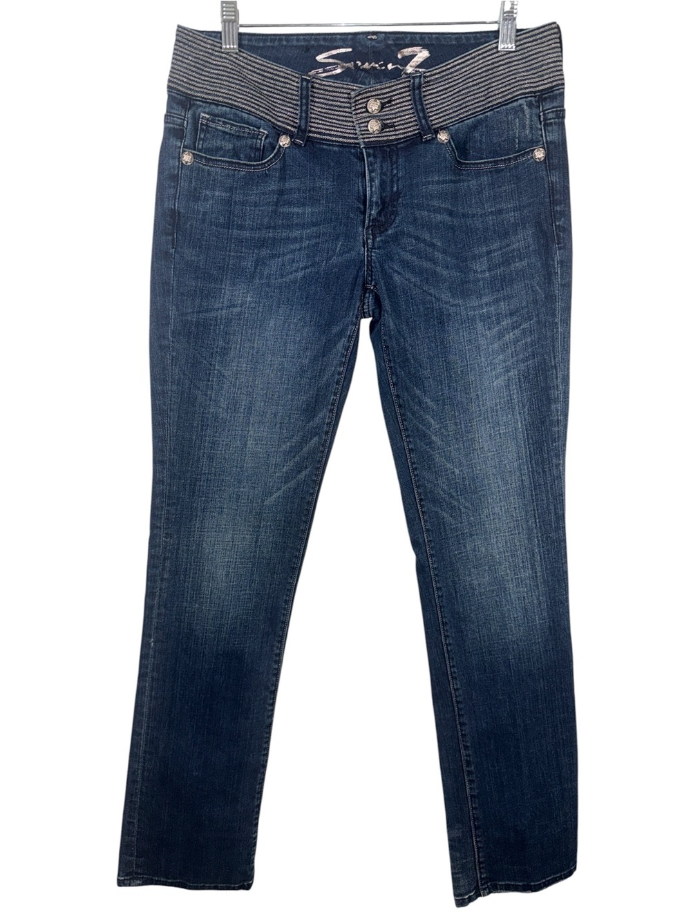Seven7 Women's Dark Blue Ankle Jeans with Striped Elastic Waistband